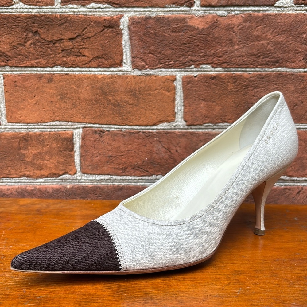 Prada Cream Brown Kitten Heels Pointed Toe Size 40